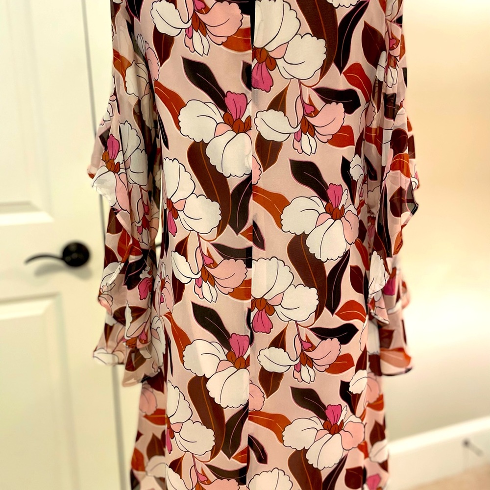 Ann Taylor Factory fully lined dress in shades of pink, brown and cream.